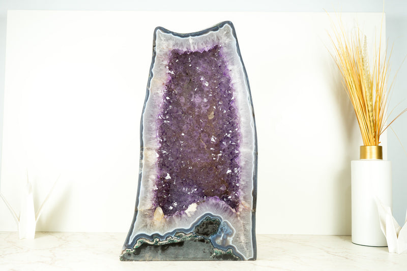 Large Amethyst Geode Cathedral with Shiny, Saturated Lavender Purple Amethyst and Polished Blue Agate Back