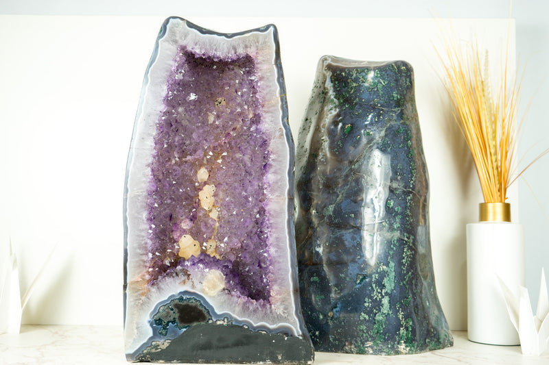 Pair of Large Amethyst Geode Cathedrals with Shiny, Saturated Lavender Purple Amethyst and Polished Back