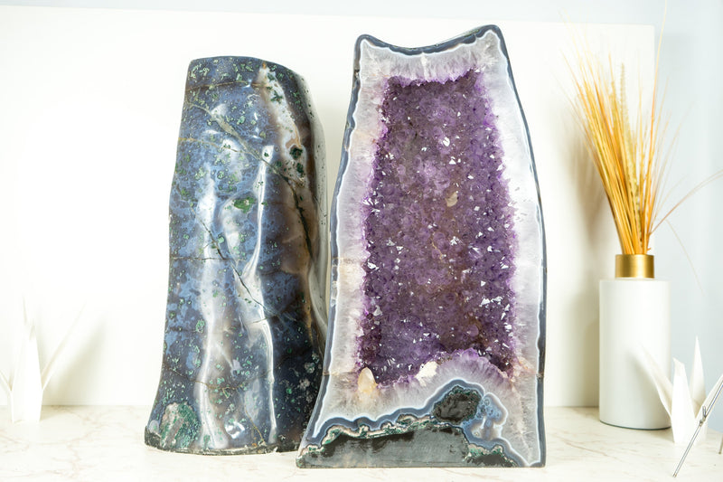 Pair of Large Amethyst Geode Cathedrals with Shiny, Saturated Lavender Purple Amethyst and Polished Back