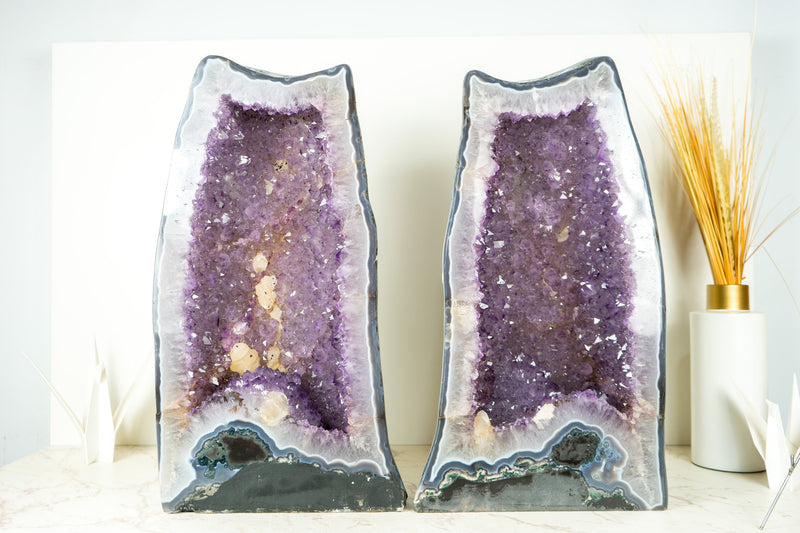 Pair of Large Amethyst Geode Cathedrals with Shiny, Saturated Lavender Purple Amethyst and Polished Back