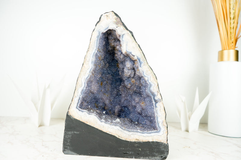 Seltene blaue Spitzenachat-Geode mit Lavendel-Amethyst-Druzy, Galaxy-Amethyst-Druzy