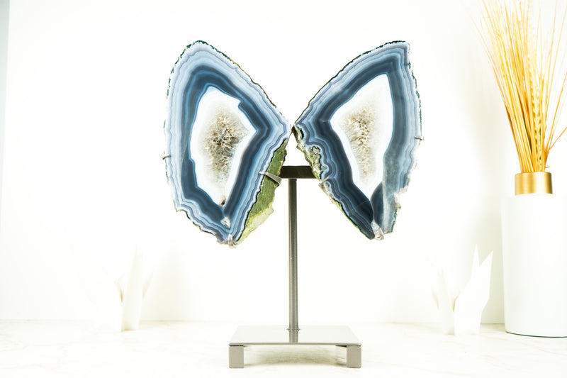 Agate Geode Butterfly Wings Blue and White Agate Banding