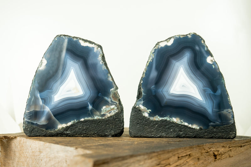 Pair of Blue Agate Geodes with All-Natural Sea-Blue and White Agate Laces