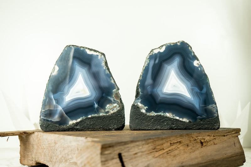 Pair of Blue Agate Geodes with All-Natural Sea-Blue and White Agate Laces