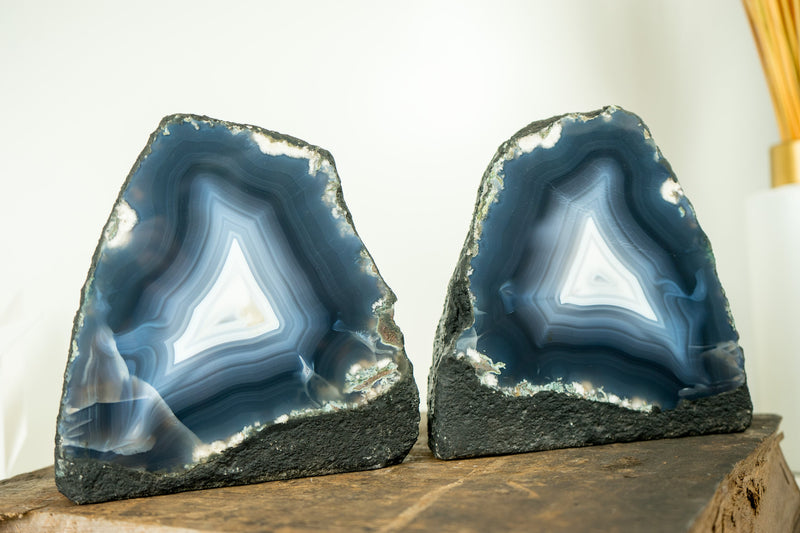 Pair of Blue Agate Geodes with All-Natural Sea-Blue and White Agate Laces