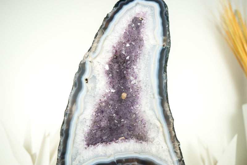 White and Blue Lace Agate Cathedral Geode with Lavender Amethyst Crystal