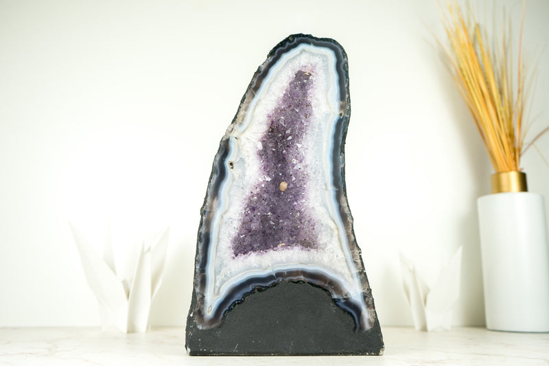 White and Blue Lace Agate Cathedral Geode with Lavender Amethyst Crystal