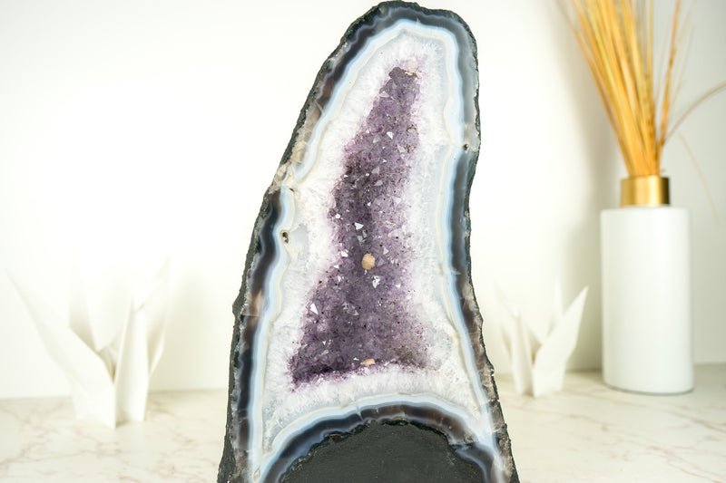 White and Blue Lace Agate Cathedral Geode with Lavender Amethyst Crystal