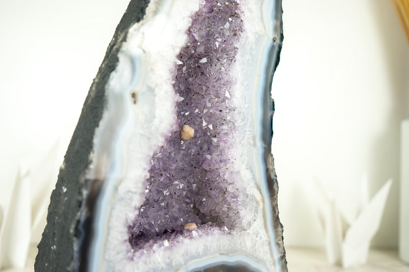 White and Blue Lace Agate Cathedral Geode with Lavender Amethyst Crystal