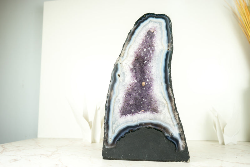 White and Blue Lace Agate Cathedral Geode with Lavender Amethyst Crystal