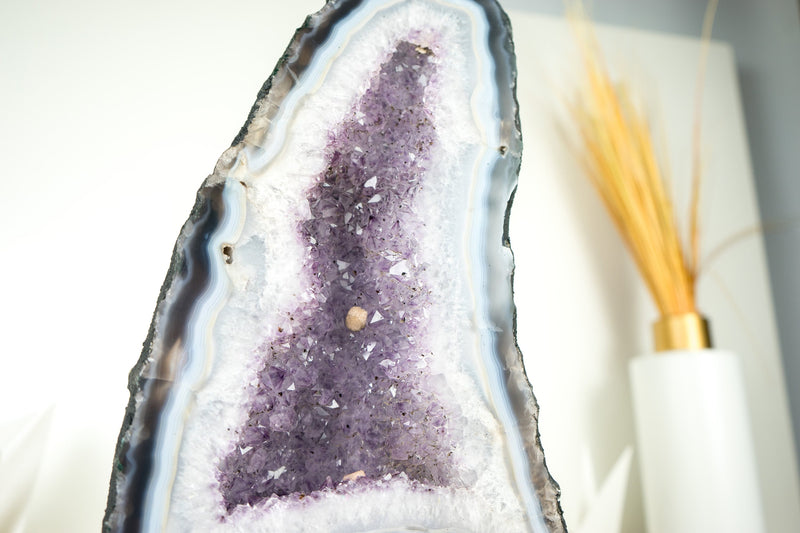 White and Blue Lace Agate Cathedral Geode with Lavender Amethyst Crystal