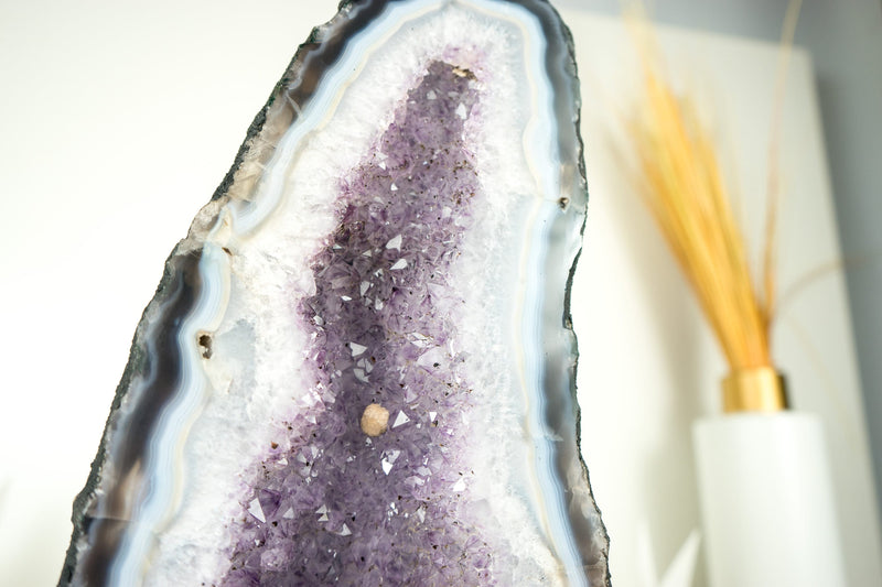 White and Blue Lace Agate Cathedral Geode with Lavender Amethyst Crystal