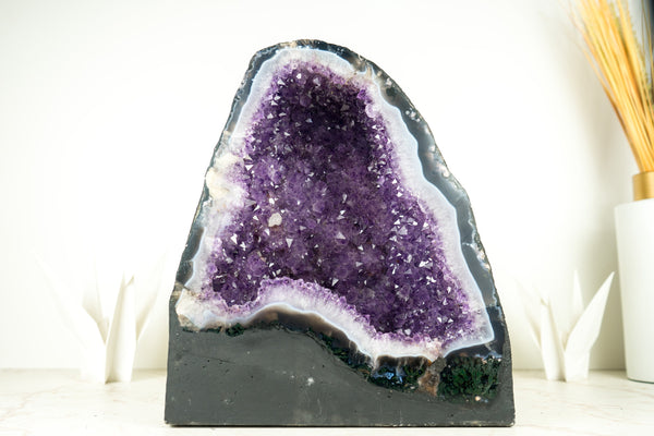 Natural Sparkly Purple Amethyst Geode Cathedral with Rare Blue Banded Agate Geode