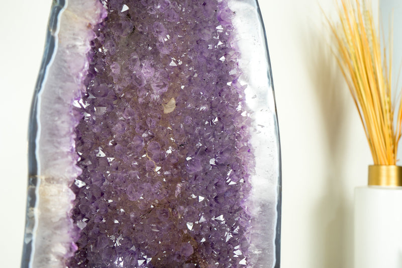 Large Amethyst Geode Cathedral with Shiny, Saturated Lavender Purple Amethyst and Polished Blue Agate Back