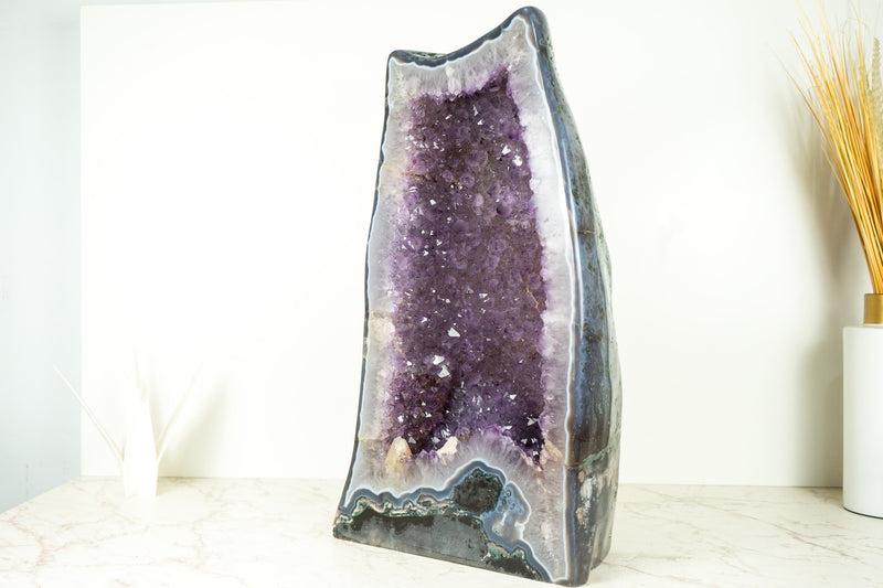 Large Amethyst Geode Cathedral with Shiny, Saturated Lavender Purple Amethyst and Polished Blue Agate Back