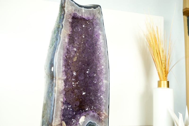 Large Amethyst Geode Cathedral with Shiny, Saturated Lavender Purple Amethyst and Polished Blue Agate Back