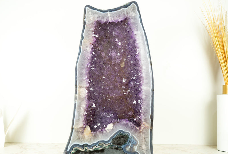 Large Amethyst Geode Cathedral with Shiny, Saturated Lavender Purple Amethyst and Polished Blue Agate Back