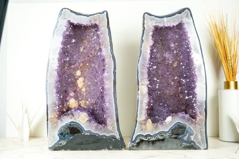 Pair of Large Amethyst Geode Cathedrals with Shiny, Saturated Lavender Purple Amethyst and Polished Back