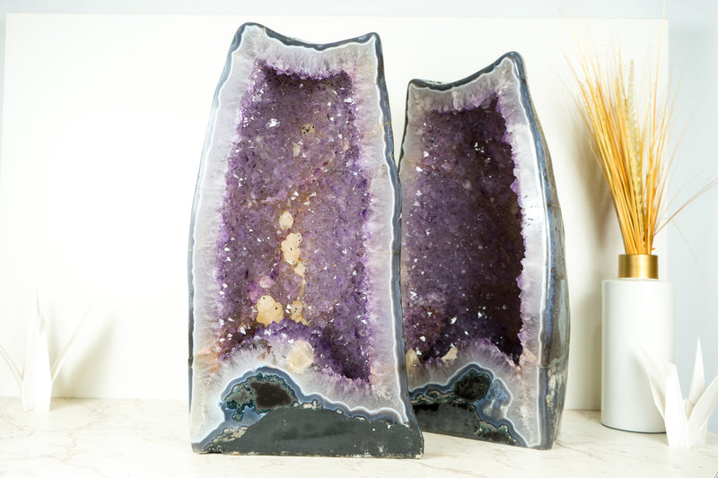 Pair of Large Amethyst Geode Cathedrals with Shiny, Saturated Lavender Purple Amethyst and Polished Back