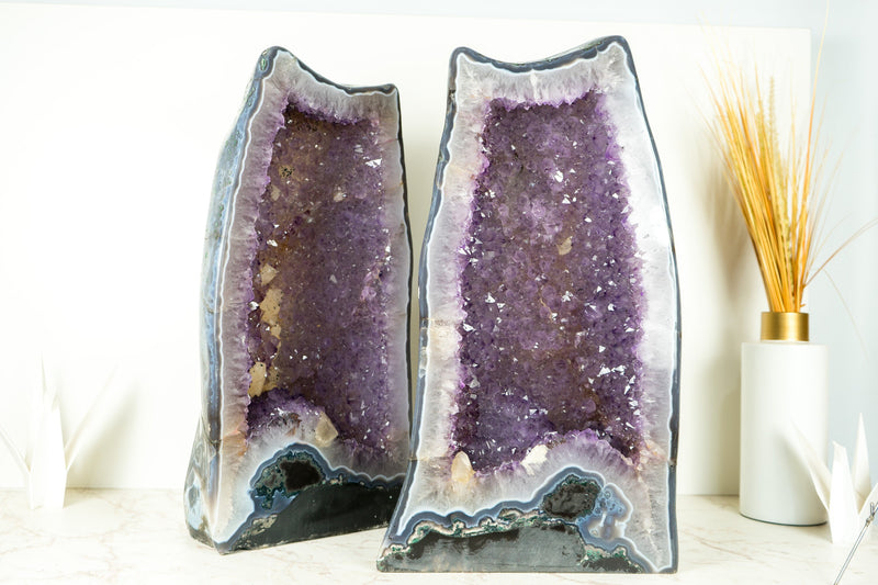 Pair of Large Amethyst Geode Cathedrals with Shiny, Saturated Lavender Purple Amethyst and Polished Back