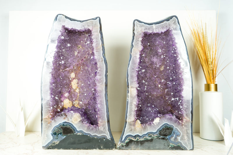 Pair of Large Amethyst Geode Cathedrals with Shiny, Saturated Lavender Purple Amethyst and Polished Back