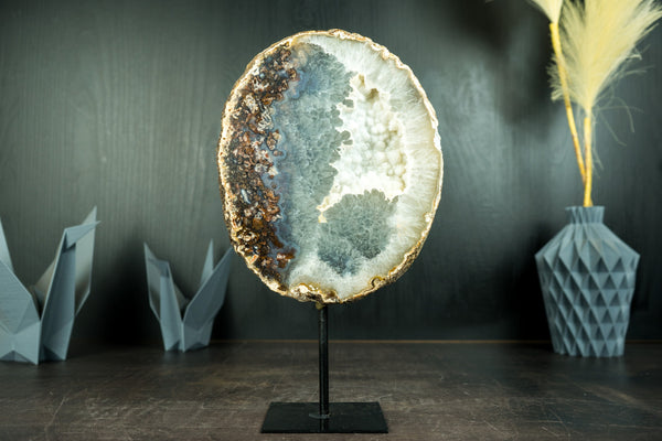 Rare Natural Moss Agate Geode Slice with White Sugar Druzy - Large Landscape Agate Specimen