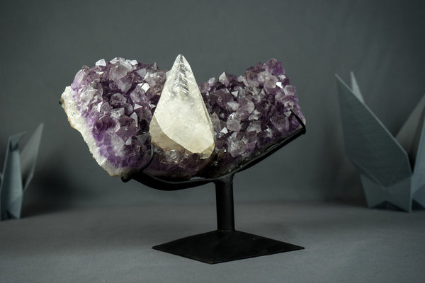 Superb Crystal Calcite on Amethyst Specimen from Uruguay, Intact, Large Cabinet