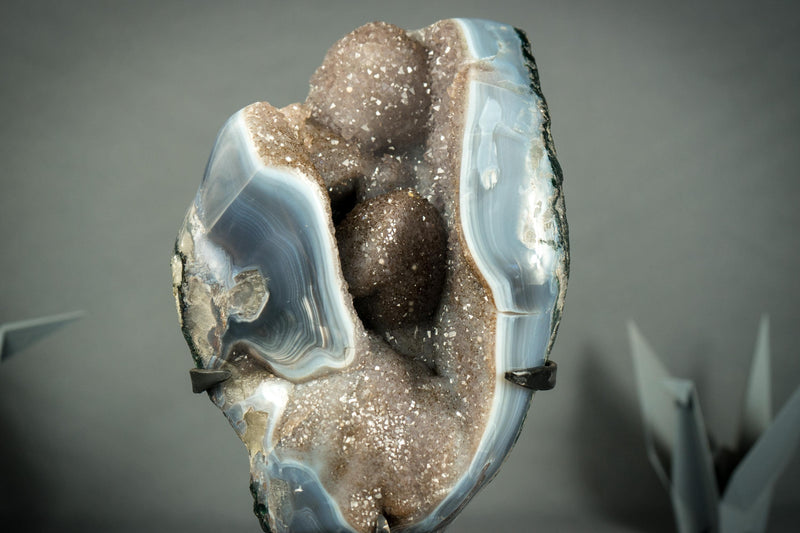 Superb Blue Lace Agate Geode with Botryoidal Flowers, All Natural on Metal Stand