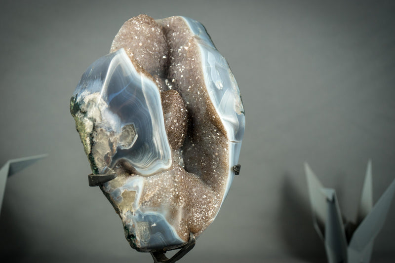 Superb Blue Lace Agate Geode with Botryoidal Flowers, All Natural on Metal Stand