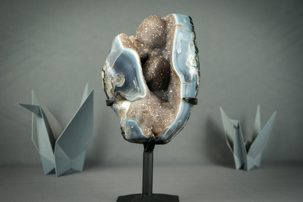 Superb Blue Lace Agate Geode with Botryoidal Flowers, All Natural on Metal Stand