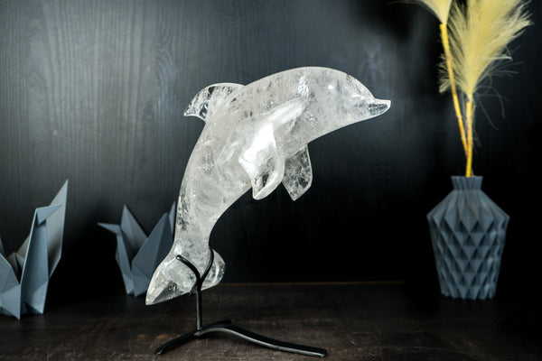 Clear Quartz Dolphin Sculpture, Hand Carved in Natural Clear Quartz