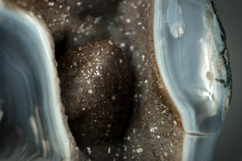 Superb Blue Lace Agate Geode with Botryoidal Flowers, All Natural on Metal Stand