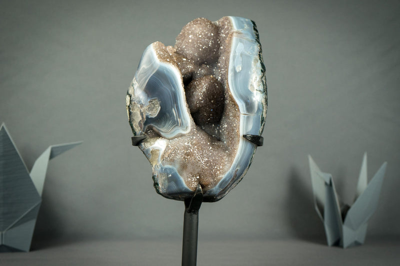 Superb Blue Lace Agate Geode with Botryoidal Flowers, All Natural on Metal Stand