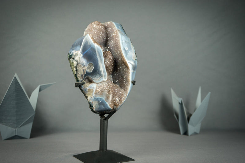 Superb Blue Lace Agate Geode with Botryoidal Flowers, All Natural on Metal Stand