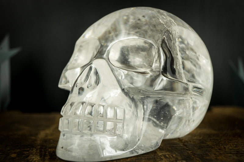 Clear Crystal Quartz Skull, Hand Carved Human Skull on Diamantina Quartz - E2D Crystals & Minerals