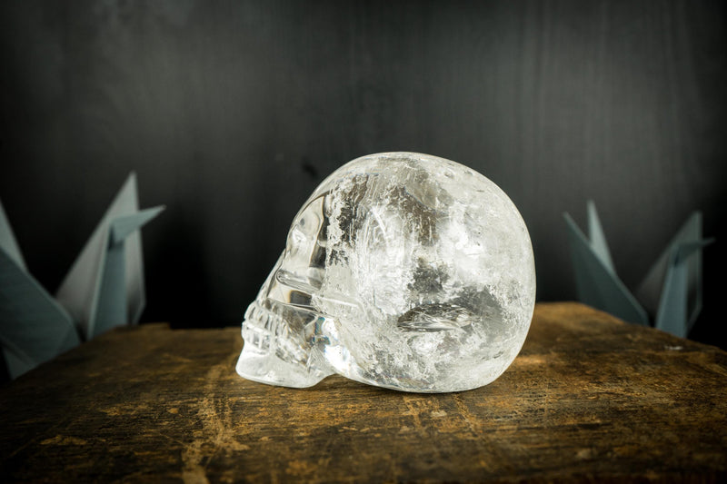 Clear Crystal Quartz Skull, Hand Carved Human Skull on Diamantina Quartz - E2D Crystals & Minerals