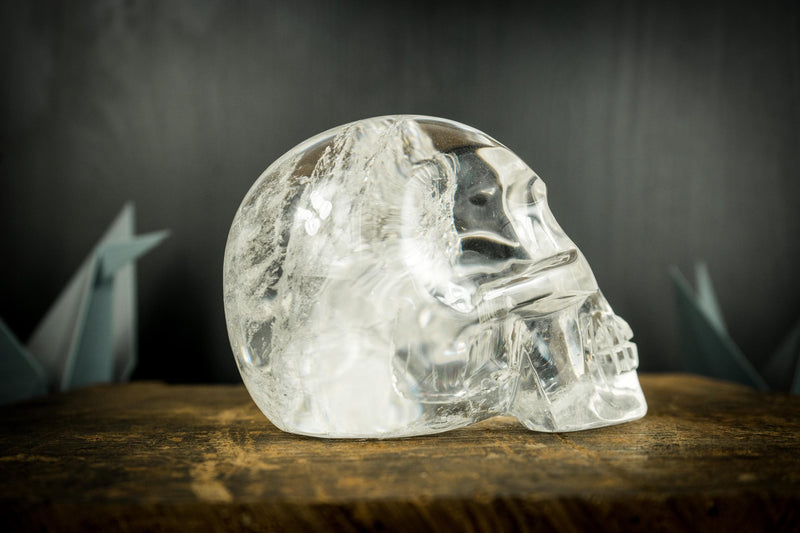 Clear Crystal Quartz Skull, Hand Carved Human Skull on Diamantina Quartz - E2D Crystals & Minerals