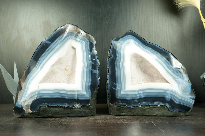 Pair of All-Natural Rare Blue and White Lace Agate Geodes with Sparkly White Sugar Druzy