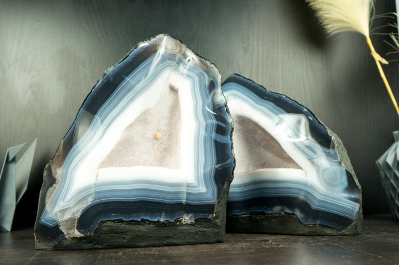 Pair of All-Natural Rare Blue and White Lace Agate Geodes with Sparkly White Sugar Druzy