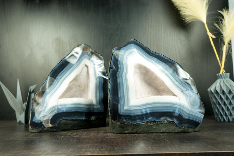 Pair of All-Natural Rare Blue and White Lace Agate Geodes with Sparkly White Sugar Druzy