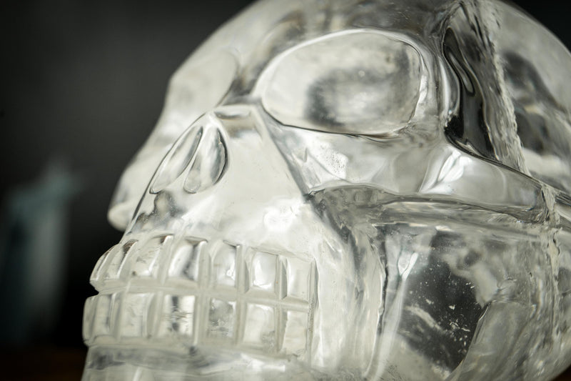 Clear Crystal Quartz Skull, Hand Carved Human Skull on Diamantina Quartz - E2D Crystals & Minerals