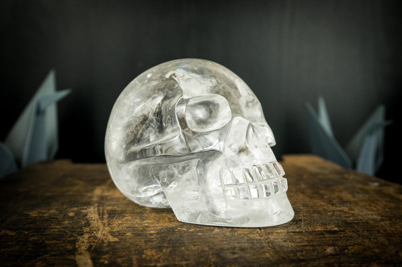 Clear Crystal Quartz Skull, Hand Carved Human Skull on Diamantina Quartz - E2D Crystals & Minerals