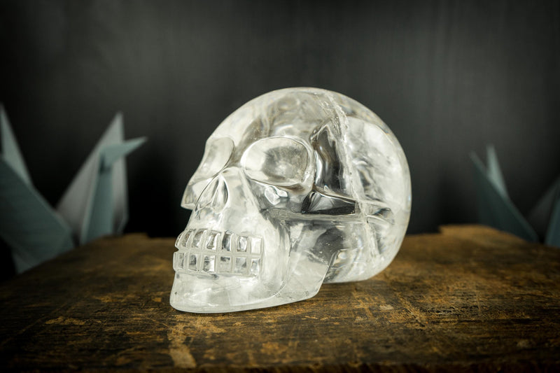 Clear Crystal Quartz Skull, Hand Carved Human Skull on Diamantina Quartz - E2D Crystals & Minerals