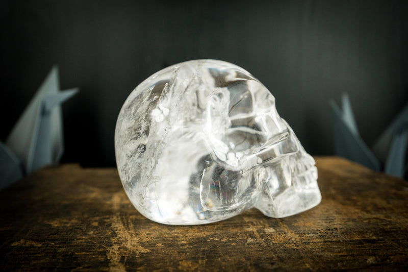 Clear Crystal Quartz Skull, Hand Carved Human Skull on Diamantina Quartz - E2D Crystals & Minerals