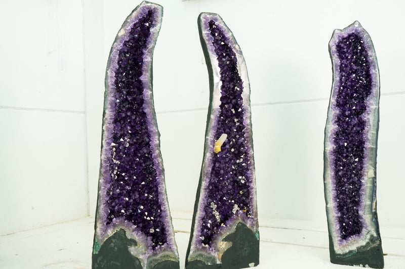 Gorgeous Pair of Tall Amethyst Cathedral Geodes with Large Calcite on Deep Violet - Purple Crystals, Super Extra Grade - 4.7 Ft. 524 Lbs. - E2D Crystals & Minerals