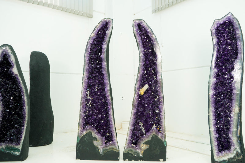 Gorgeous Pair of Tall Amethyst Cathedral Geodes with Large Calcite on Deep Violet - Purple Crystals, Super Extra Grade - 4.7 Ft. 524 Lbs. - E2D Crystals & Minerals