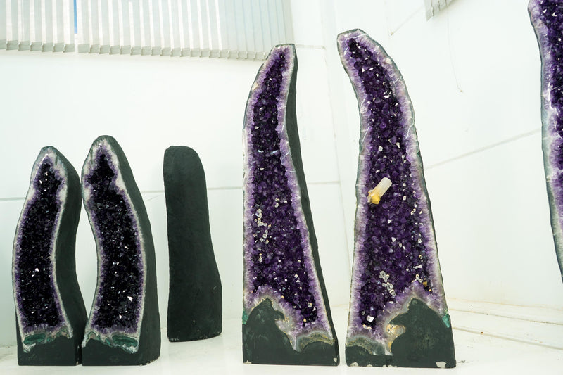 Gorgeous Pair of Tall Amethyst Cathedral Geodes with Large Calcite on Deep Violet - Purple Crystals, Super Extra Grade - 4.7 Ft. 524 Lbs. - E2D Crystals & Minerals