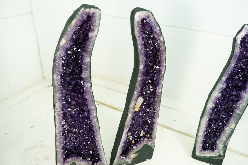 Gorgeous Pair of Tall Amethyst Cathedral Geodes with Large Calcite on Deep Violet - Purple Crystals, Super Extra Grade - 4.7 Ft. 524 Lbs. - E2D Crystals & Minerals