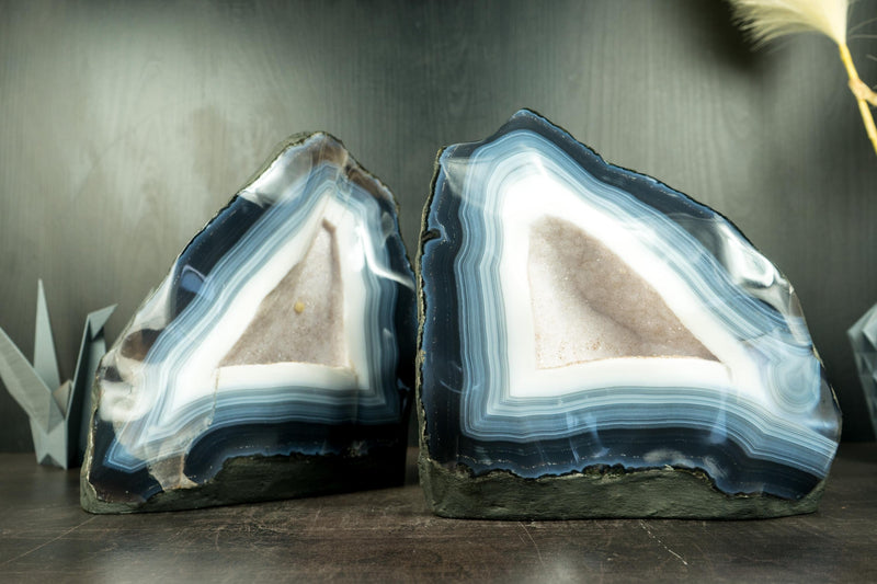 Pair of All-Natural Rare Blue and White Lace Agate Geodes with Sparkly White Sugar Druzy