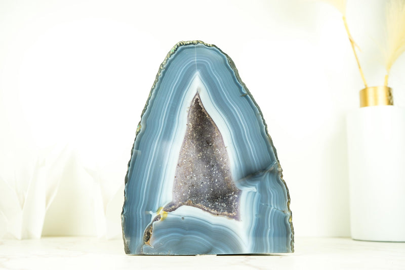 Rare Blue and White Striped Lace Agate Geode with Crystal Druzy